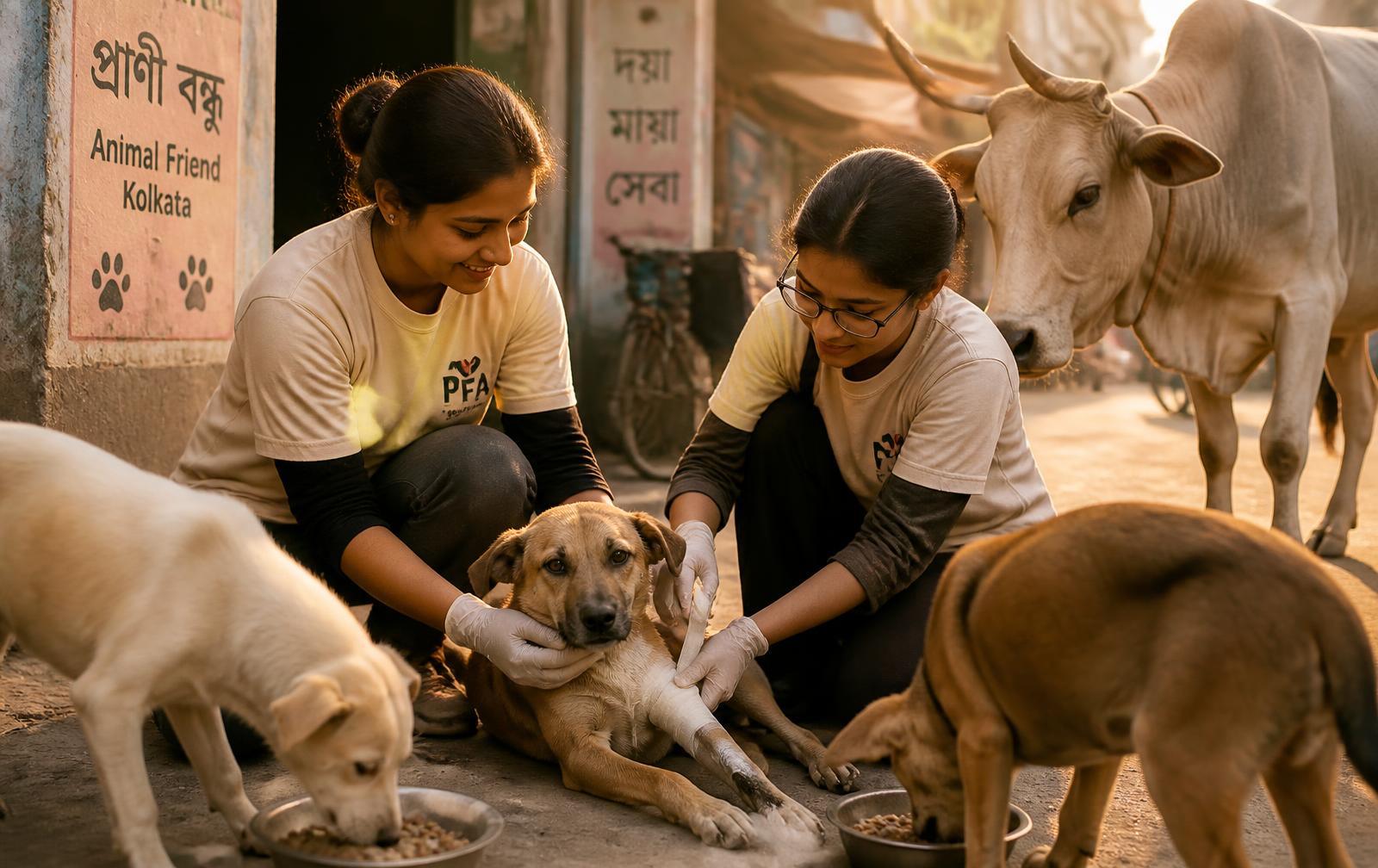 WBARAF volunteers feeding and treating stray dogs and cattle on a West Bengal street
